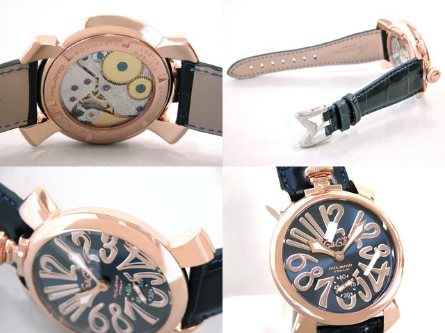 ガガ･ミラノ マニュアル48mm 手巻き 5011.5 ブルー皮 ブルーソレイユ/ピンクゴールドアラビア