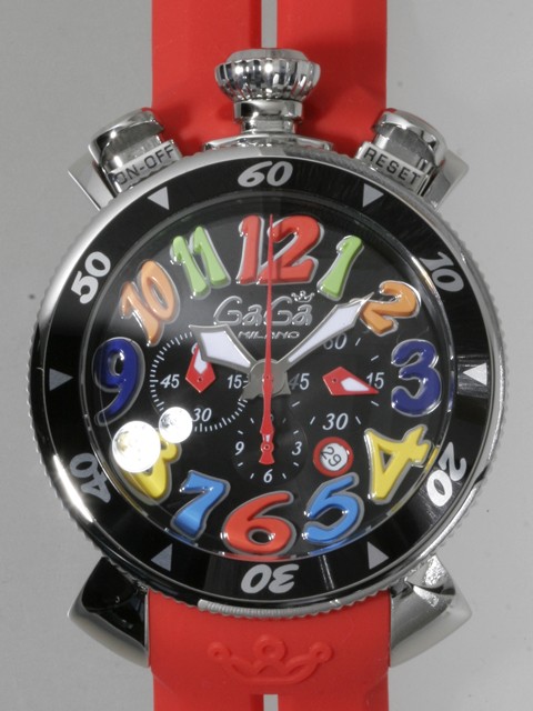 ガガ･ミラノ クロノ 48mm クォーツ 6050.2 ブラックラバー ブラック/マルチカラーアラビア