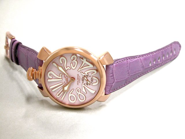 ガガ･ミラノ マニュアル48mm 手巻き 5011.2 パープル皮 ピンクマット/ホワイトアラビア