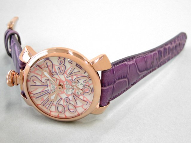 ガガ･ミラノ マニュアル48mm 手巻き 5011 MOSAICO 1 パープル皮 ホワイトモザイク/ピンクゴールドアラビア