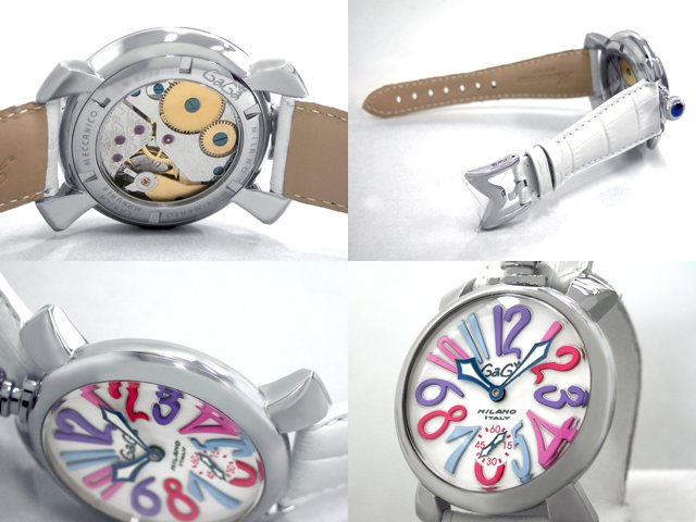 ガガ･ミラノ マニュアル48mm 手巻き 5010.9 ホワイト皮 ホワイト/マルチカラーアラビア