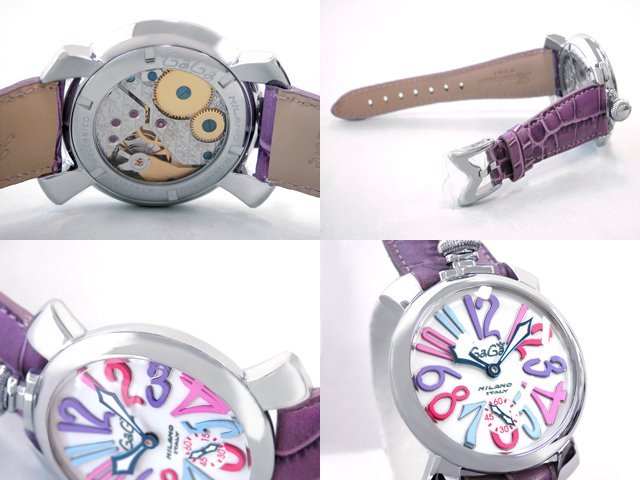 ガガ･ミラノ マニュアル48mm 手巻き 5010.9 パープル皮 ホワイト/マルチカラーアラビア