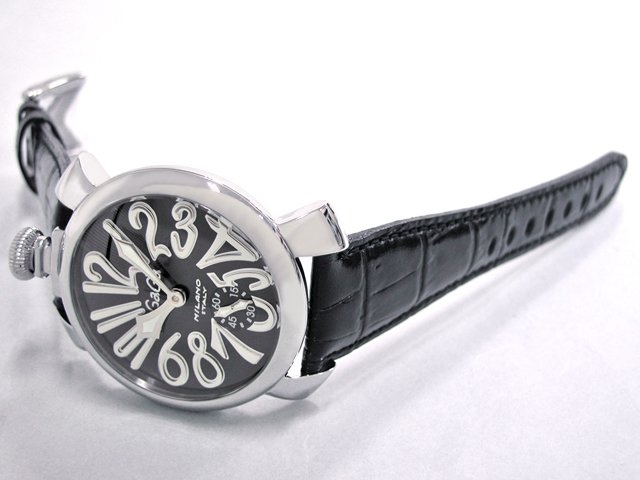 ガガ･ミラノ マニュアル48mm 手巻き 5010.4 ブラック皮 ブラック/シルバーアラビア