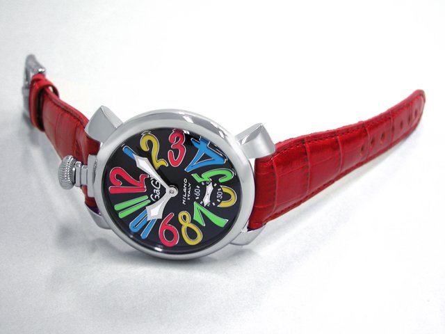 ガガ･ミラノ マニュアル48mm 手巻き 5010.2 レッド皮 ブラック/マルチカラーアラビア