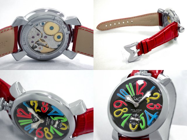 ガガ･ミラノ マニュアル48mm 手巻き 5010.2 レッド皮 ブラック/マルチカラーアラビア