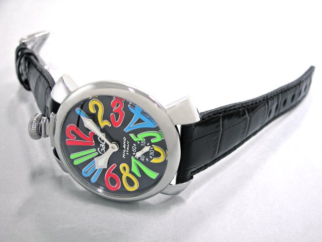ガガ･ミラノ マニュアル48mm 手巻き 5010.2 ブラック皮 ブラック/マルチカラーアラビア