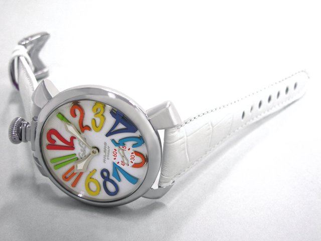 ガガ･ミラノ マニュアル48mm 手巻き 5010.1 ホワイト皮 ホワイト/マルチカラーアラビア