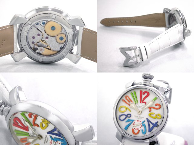 ガガ･ミラノ マニュアル48mm 手巻き 5010.1 ホワイト皮 ホワイト/マルチカラーアラビア