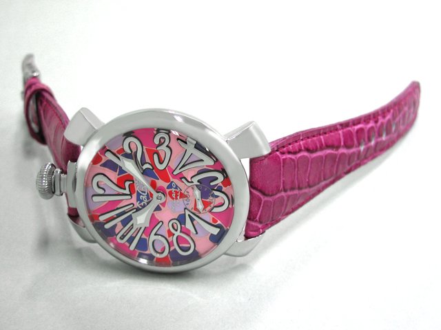 ガガ･ミラノ マニュアル48mm 手巻き 5010 MOSAICO 2 チェリー皮 ピンクモザイク/シルバーアラビア