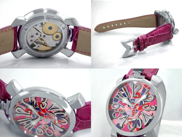 ガガ･ミラノ マニュアル48mm 手巻き 5010 MOSAICO 2 チェリー皮 ピンクモザイク/シルバーアラビア