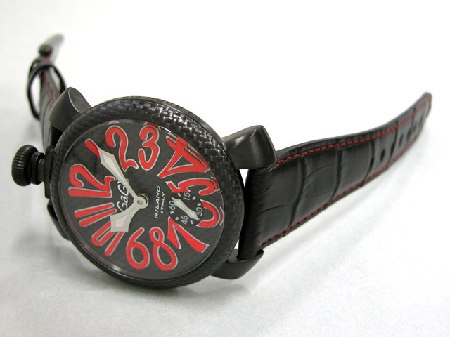 ガガ･ミラノ マニュアル48mm 手巻き 5016.8 ブラック皮 ブラックカーボン/レッドアラビア