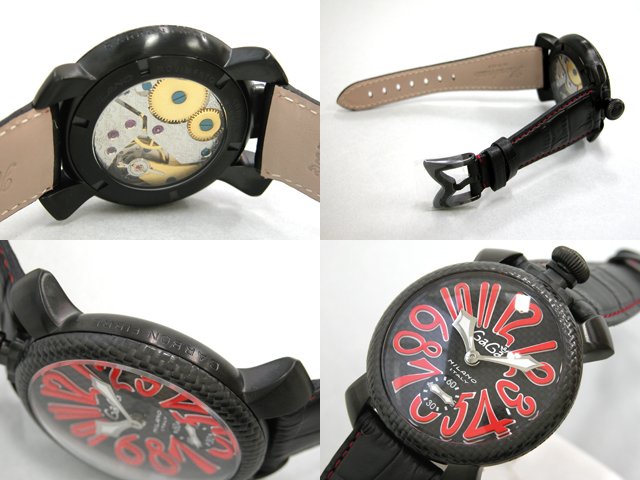 ガガ･ミラノ マニュアル48mm 手巻き 5016.8 ブラック皮 ブラックカーボン/レッドアラビア