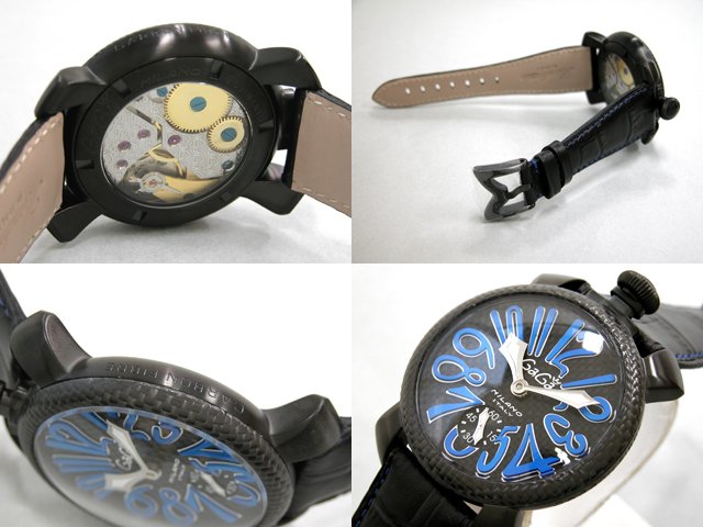 ガガ･ミラノ マニュアル48mm 手巻き 500本限定 5016.7 ブラック皮 ブラックカーボン/スカイブルーアラビア