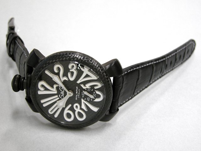 ガガ･ミラノ マニュアル48mm 手巻き 500本限定 5016.6 ブラック皮 ブラックカーボン/ホワイトアラビア