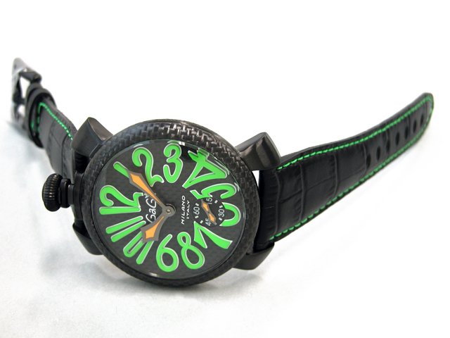 ガガ･ミラノ マニュアル48mm 手巻き 500本限定 5016.3 ブラック皮 ブラックカーボン/グリーンアラビア