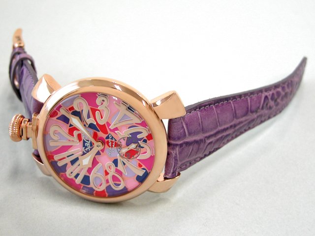 ガガ･ミラノ マニュアル48mm 手巻き 5011 MOSAICO 2 パープル皮 ピンクモザイク/ピンクゴールドアラビア