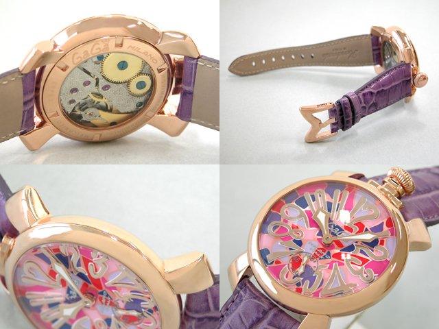 ガガ･ミラノ マニュアル48mm 手巻き 5011 MOSAICO 2 パープル皮 ピンクモザイク/ピンクゴールドアラビア
