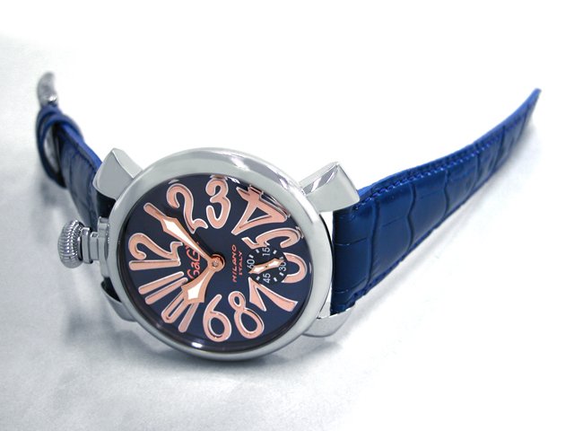 ガガ･ミラノ マニュアル48mm 手巻き 5010.5 ブルー皮 ブルー/ピンクゴールドアラビア