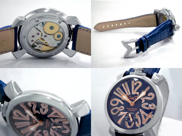 ガガ･ミラノ マニュアル48mm 手巻き 5010.5 ブルー皮 ブルー/ピンクゴールドアラビア