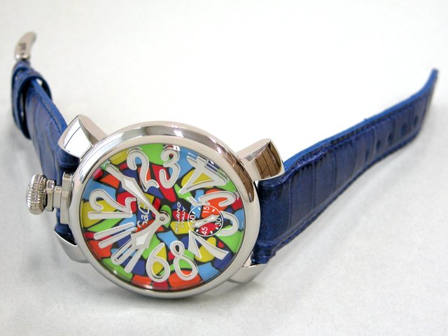 ガガ･ミラノ マニュアル48mm 手巻き 5010 MOSAICO 1 ブルー皮 マルチカラーモザイク/シルバーアラビア