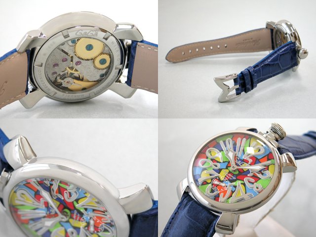 ガガ･ミラノ マニュアル48mm 手巻き 5010 MOSAICO 1 ブルー皮 マルチカラーモザイク/シルバーアラビア