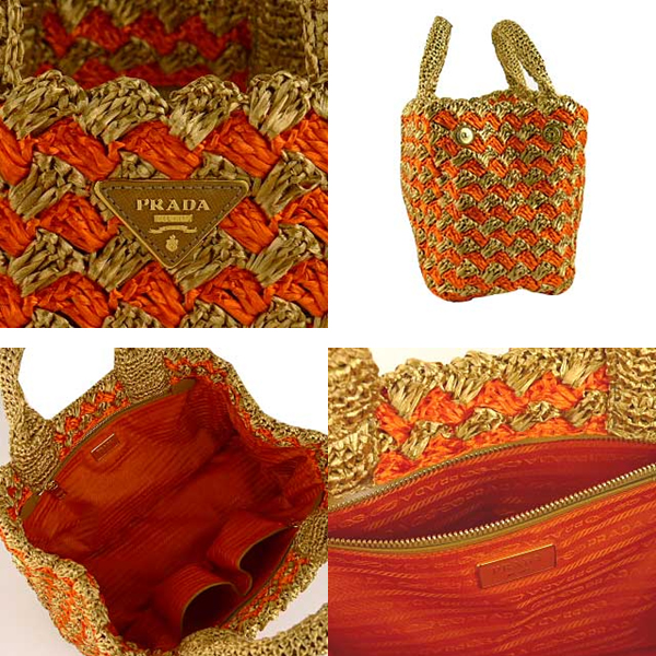 プラダ RAFFIA CROCHETかごバッグ NATURALE＋PAPAYA pb478(BN2303)