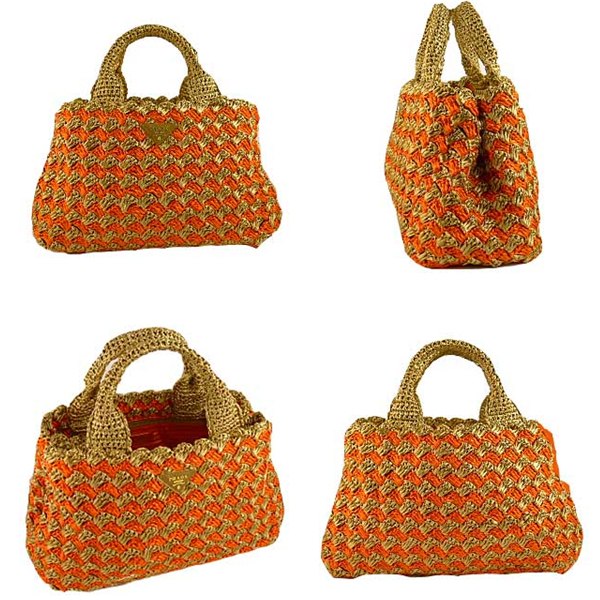 プラダ RAFFIA CROCHETかごバッグ NATURALE＋PAPAYA pb478(BN2303)