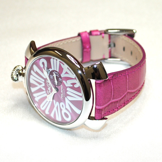 ガガミラノ 時計 スーパーコピー n級 マニュアーレ マヌアーレ スリム 46mm ピンク レザー/シルバー 5084.06