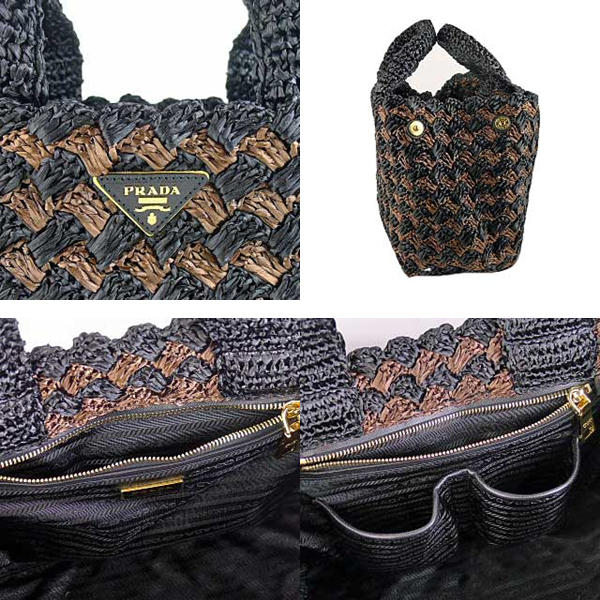 プラダ RAFFIA CROCHETかごバッグ NERO＋MORO pb477(BN2303)