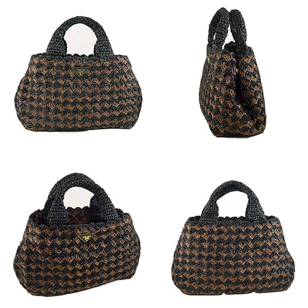 プラダ RAFFIA CROCHETかごバッグ NERO＋MORO pb477(BN2303)