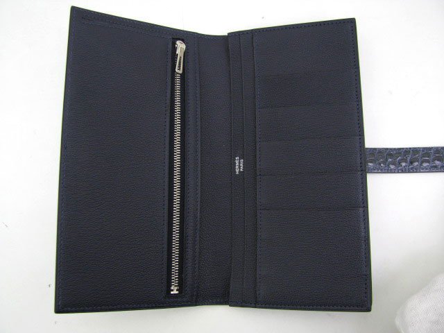 エルメス ベアンスフレ二つ折長財布 アリゲーター/ブルーアビス hq019