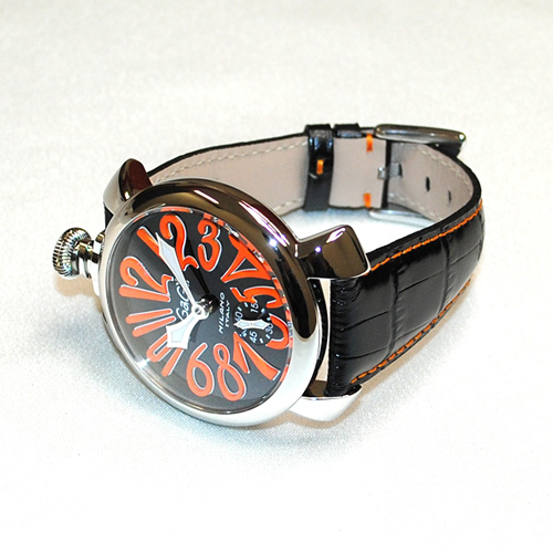 ガガミラノ 時計 スーパーコピー n級品 マニュアーレ マヌアーレ 48mm ブラックレザー/シルバー/オレンジ 5010.11S