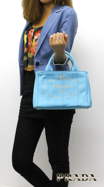  PRADA CANAPA キャンバス ハンドバッグ ライトブルー＆ゴールド BN2439